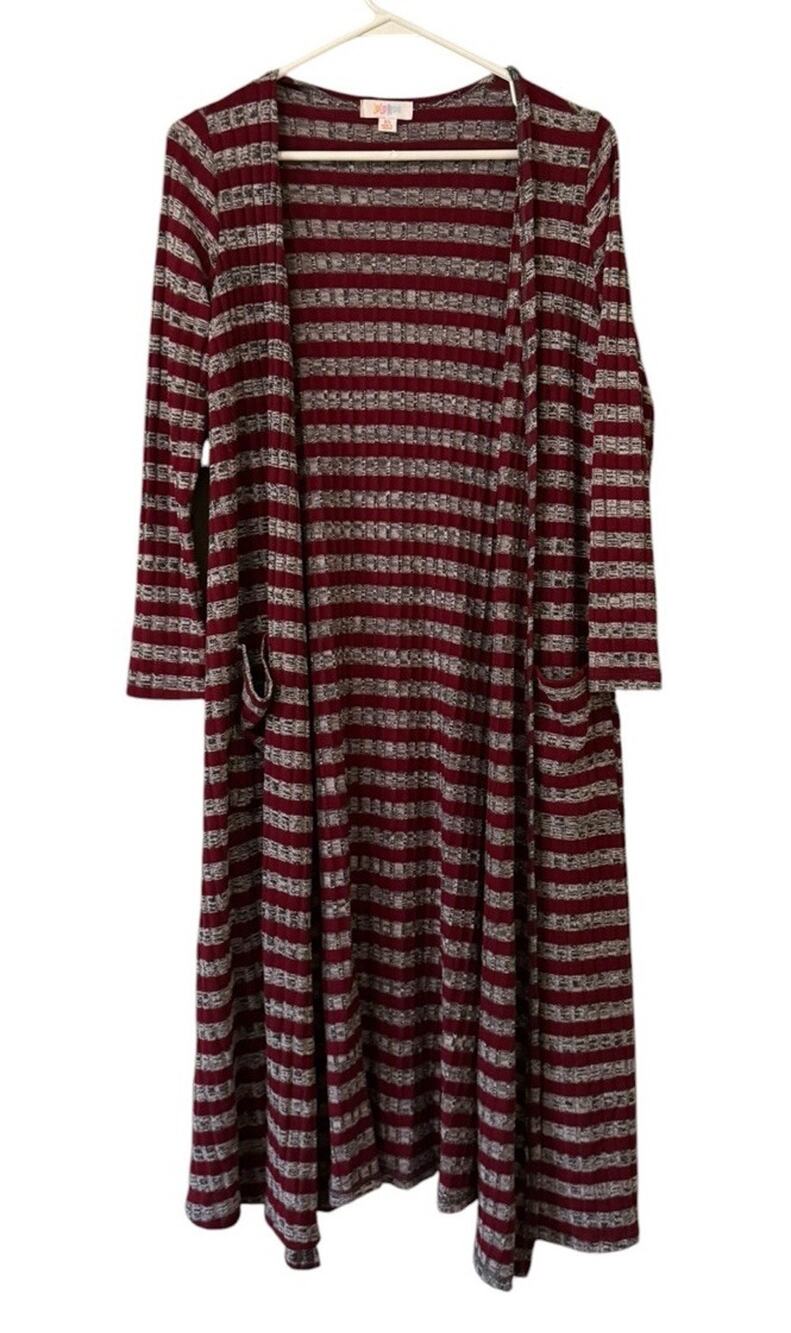 LuLaRoe Women Size XS Long Cardigan Open Front Duster Striped Knit Pockets Teach
